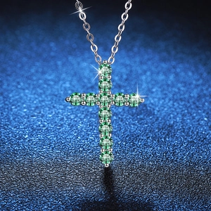 S925 sterling silver cross pendant necklace featuring 11 brilliant green moissanite stones