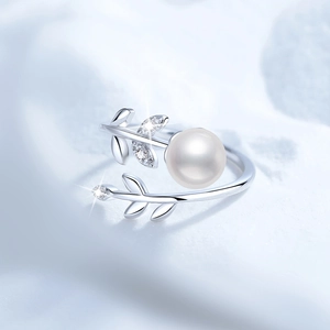 Elegant silver leaf branch open ring with natural white freshwater pearl and crystals