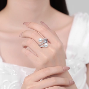 S925 sterling silver triple-layered open ring with dual freshwater pearls and moissanite