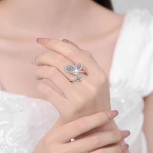 Adjustable S925 silver ring featuring moissanite butterfly and round freshwater pearl