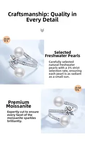 Detail of S925 silver ring featuring freshwater pearls and moissanite stones