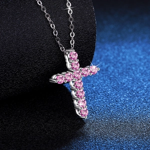 Elegant S925 sterling silver cross pendant necklace with pink moissanite stones