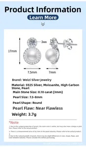 Detail view of S925 silver pearl earrings with 7.5-8mm pearls and 3mm moissanite