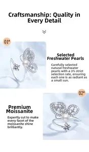 Macro detail of S925 silver butterfly ring with freshwater pearl and moissanite stone