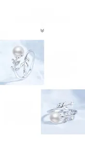 Detailed close-up of S925 sterling silver leaf ring with natural freshwater pearl and zircons
