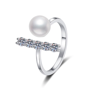 Elegant S925 sterling silver open ring with white freshwater pearl and five sparkling moissanite diamonds