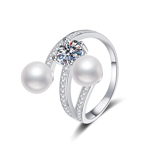 S925 sterling silver open ring with freshwater pearls and round moissanite center stone