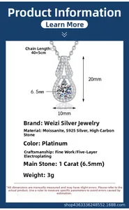 S925 sterling silver necklace with 1 carat moissanite teardrop pendant dimensions