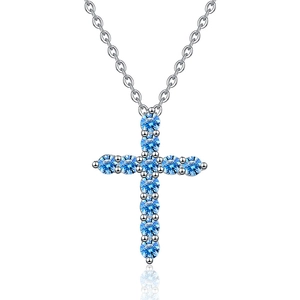 Classic S925 sterling silver cross pendant necklace with blue moissanite stones