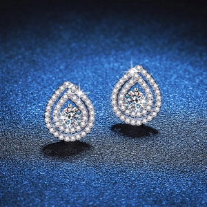 S925 Sterling Silver teardrop earrings with halo moissanite and round center stone