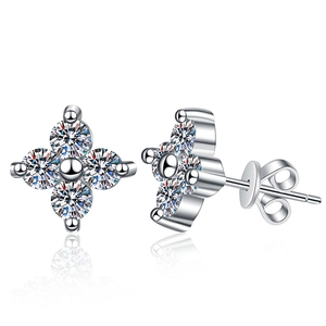 Elegant S925 sterling silver four-leaf clover moissanite stud earrings on white background