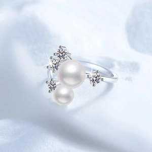 Adjustable S925 sterling silver ring featuring double freshwater pearls and moissanite stones