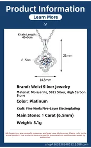 Detailed spec view of S925 silver 1ct moissanite clover pendant with dimension info