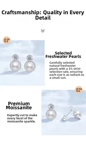 Detail of S925 silver earrings with freshwater pearls and moissanite accents