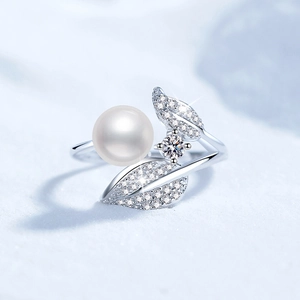 S925 Sterling Silver Moissanite Freshwater Pearl Adjustable Open Ring Elegant Flower Petal Leaf Design For Women Jewelry