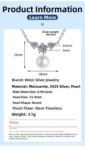 Detailed view of S925 silver necklace with 8mm freshwater pearl and moissanite pendant