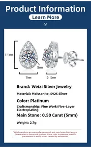 Detailed view of S925 silver teardrop moissanite earrings with 11mm by 7mm dimensions