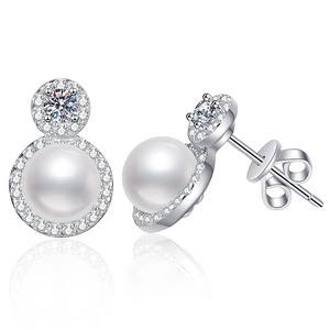 Elegant S925 silver stud earrings with round freshwater pearls and moissanite halo