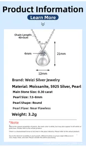 Detail view of S925 silver necklace with 8mm freshwater pearl and moissanite pendant
