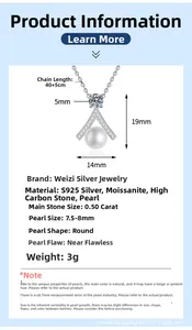 Detail view of S925 silver necklace with moissanite and 7.5-8mm freshwater pearl pendant