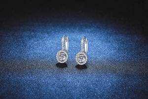 Detail of S925 sterling silver halo earrings with moissanite and micro-pave setting