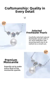 Macro view of three moissanite stones and a natural freshwater pearl on S925 silver pendant