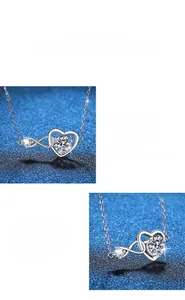 Detail of 925 sterling silver heart and infinity necklace featuring a 1ct moissanite pendant