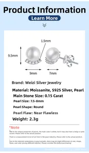 Detail showing 7.5-8mm freshwater pearl earrings with Moissanite and S925 silver base