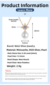 Detail showing S925 silver necklace specifications with 8mm pearl and moissanite pendant