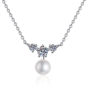 Moissanite and natural pearl necklace in S925 sterling silver with a triple stone pendant