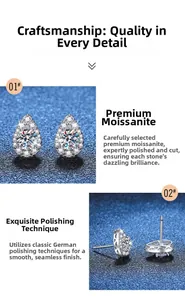 Macro detail of pear-shaped S925 sterling silver stud earrings with moissanite stones