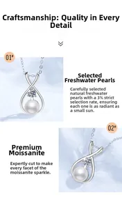 Detail of s925 silver necklace featuring freshwater pearl and moissanite stone pendant