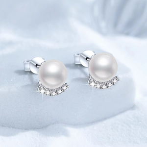 Elegant 925 Sterling Silver Moissanite Freshwater Pearl Stud Earrings For Women Korean Style Crescent Jewelry With Gift Box