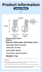 Detailed view of S925 silver stud earrings with 8mm pearls and moissanite accents