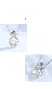 Detail of freshwater pearl and moissanite crossover pendant in S925 sterling silver