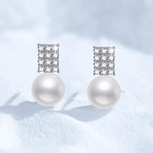 Elegant 925 sterling silver geometric stud earrings with sparkling pavé stones and white pearls