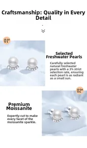 Macro view of S925 silver stud earrings with freshwater pearls and moissanite stones