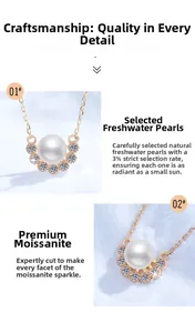Close-up of natural freshwater pearl pendant with moissanite stones on gold chain