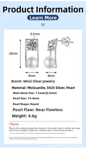 Macro detail of S925 silver earrings with 1ct moissanite and 8mm pearl including dimensions