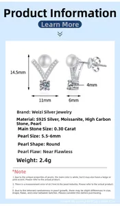 Detail showing V-shape S925 silver stud earrings with moissanite and 6mm pearls