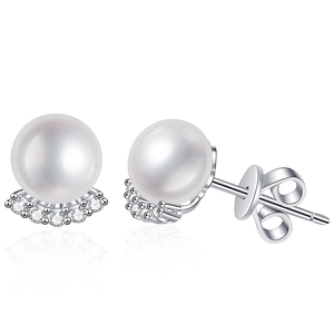Minimalist S925 silver stud earrings with round white pearls and moissanite accents