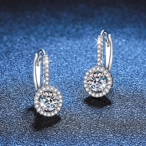 Elegant S925 sterling silver drop earrings with round moissanite in halo setting