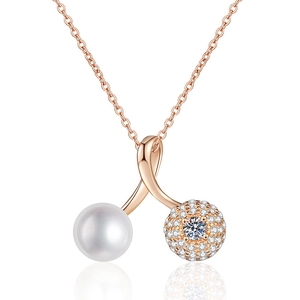 Freshwater pearl and moissanite cherry pendant necklace in rose gold on white background