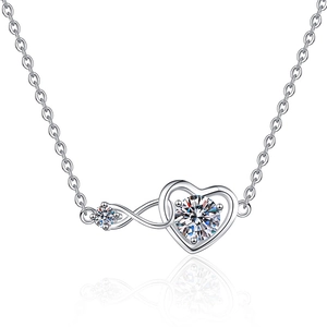 S925 sterling silver infinity heart pendant necklace with two brilliant moissanite stones