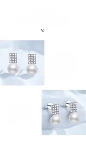 Macro detail of 925 silver studs with brilliant moissanite and freshwater pearls
