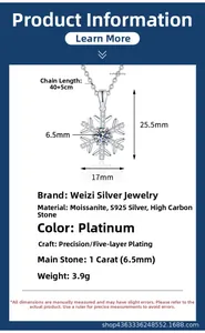 Detail view of snowflake pendant with 1ct moissanite and S925 silver craftsmanship specs