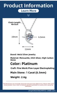 Detail shot of S925 silver necklace with 1 carat moissanite and dimensions labeling