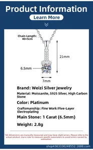 Technical drawing of S925 silver necklace with 1ct moissanite pendant dimensions