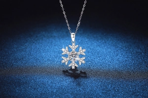 Macro detail of S925 silver snowflake necklace with a 1-carat moissanite center stone