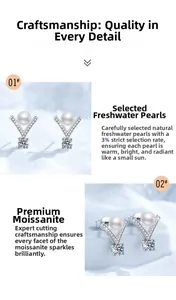 Detail of S925 silver V-shaped earrings featuring freshwater pearls and moissanite
